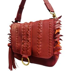 Bibi Louren Red Braided Leather Fringe Tassel Crossbody Bag Boho Western